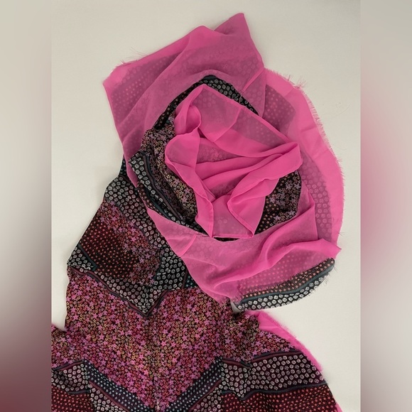 Le Superbe Floral Chiffon Raw Hem Pink Overlay Midi Dress Flutter Sleeve 4 - Picture 11 of 11